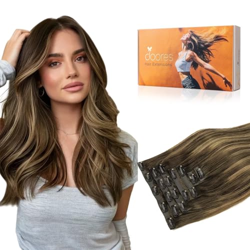 Image of DOORES Seamless Clip in Hair Extensions Real Human Hair, Chocolate Brown to Caramel Blonde 18 Inch 110g 7pcs, Extensions Skin Weft Remy Straight Invisi Edge Weft