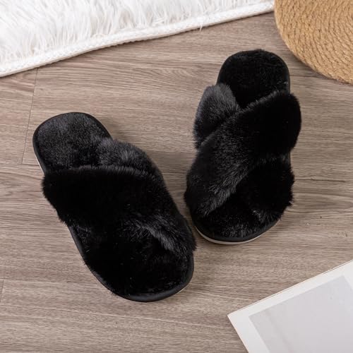 Image of Enteer Women's Slipper Memory Foam Cross Band Fuzzy Slippers Open Toe Cozy House Slippers Cozy Plush Bedroom Indoor Outdoor