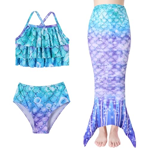 Girls' Swimwear Mermaid Little Girls Swimsuit 3PCS Cute Bathing Suits Ruffle Bikini Bottoms Kids Swimsuits Size 10 11 Green Purple