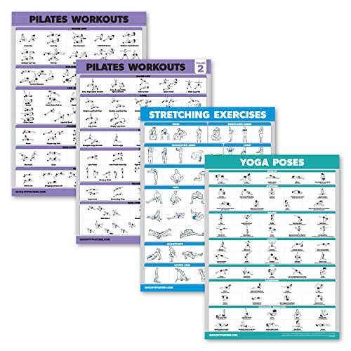 Palace Learning 4 Pack - Pilates Workout Volume 1 & 2 + Stretching + Yoga Poses - Exercise Poster Set (18 x 24 LAMINATED)