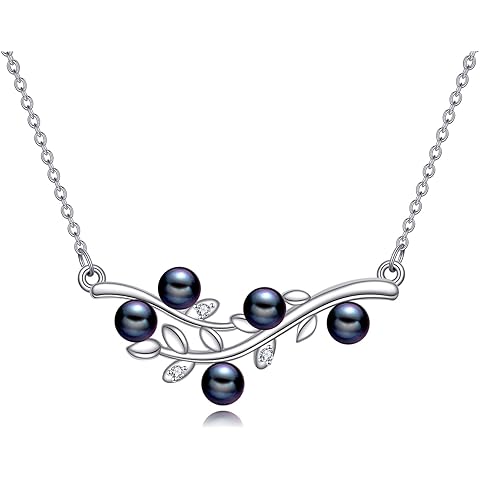 4mm Tahitian Black Pearl Necklace, 925 Sterling Silver Leaf Art Deco Jewelry With L...