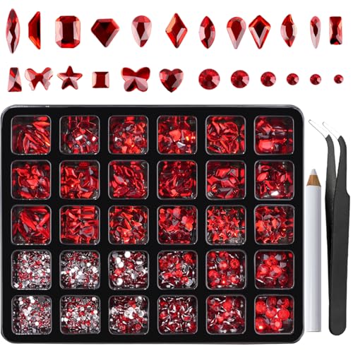 Canvalite 2900Pcs Red Rhinestones for Nails 18 Styles Multi Shape Nail Charms and Gems Shiny Glass Crystal Flatback Nail Rhinestones Set for Nail Art with Rhinestone Picker and Tweezers