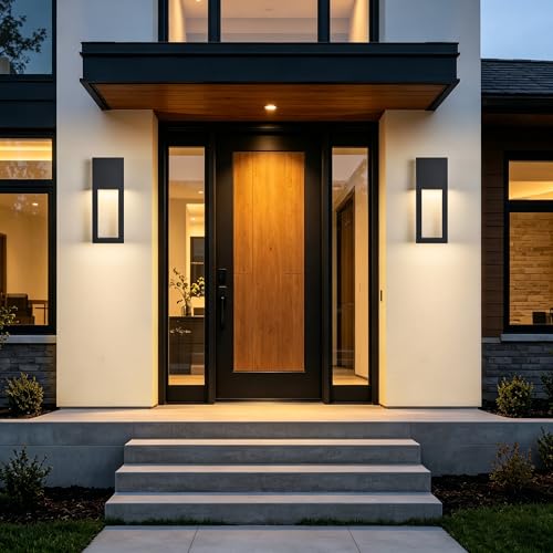 Image of Set of 2 Dusk to Dawn Outdoor Wall Lights, Custom Mold Black Exterior Wall Mount Lamp, 110V Hardwired IP65 Weatherproof Exterior Lighting Fixtures for House Yard Backyard Balcony Entryway