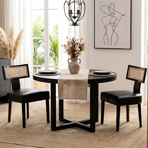 Image of HNY Mid Century Modern Rattan Dining Chairs Set of 2, Farmhouse PU Leather Upholstered Accent Chair Curved Backrest Kitchen Chairs, with Black Hardwood Frame, Black