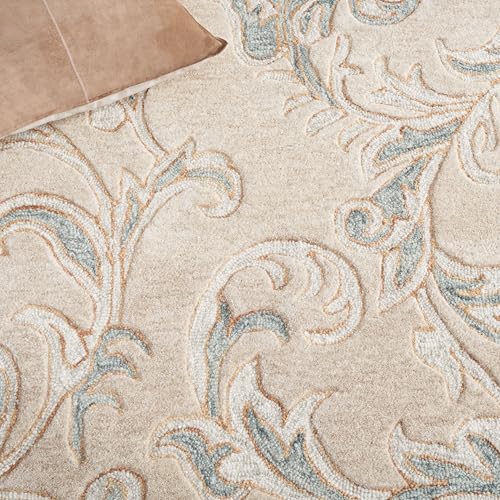 Tapete decorativo beige y gris 3' x 5' de lana hecha a mano miniatura 4