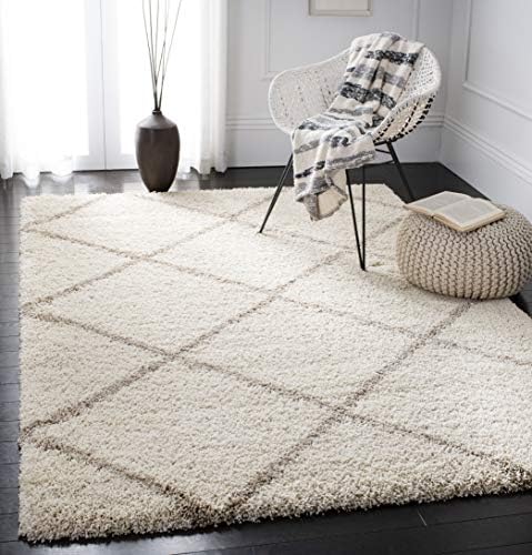 SAFAVIEH Hudson Shag Collection 4' x 6' Ivory/Beige SGH281D Modern Diamond Trellis Non-Shedding Living Room Bedroom Dining Room Entryway Plush 2-inch Thick Area Rug
