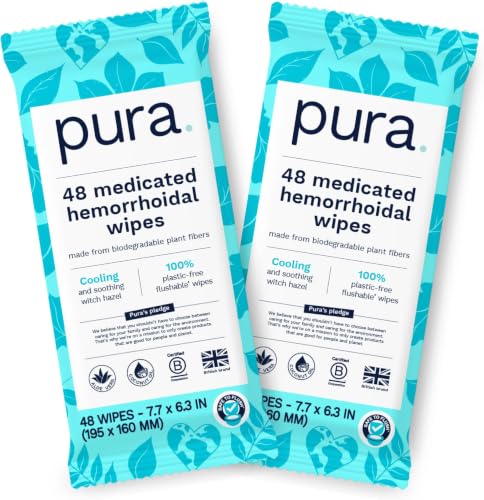 Image of Pura XL Flushable Medicated Wipes for Hemorrhoid Relief, Extra-Large, Fragrance-Free Wet Wipes with Witch Hazel, Coconut Oil & Aloe, Skin Soothing, 96 Wipes (12 Packs)