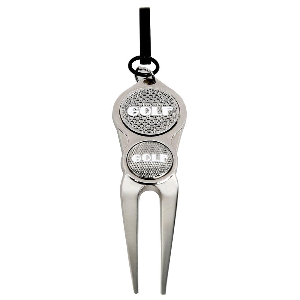 Golf Divot Pitch Mark Repair Tool Fork with 2 Magnetic Golf Ball Markers in Silver, 2-in-1 Polished Metal Design, Compact Lightweight Pouch-Friendly Accessory for Golfers