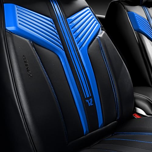 Image of CAR PASS Nappa Leather Seat Covers, Breathable Waterproof Car Seat Covers Full Set, Luxury Leather Front and Back Seats Full Coverage, Universal Fit SUV Pick-up Truck Sedan Automotive(Black Blue)