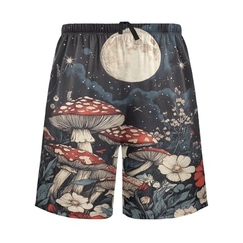 Moon Red Flower Mushroom Pajama Shorts for Men Lounge Pants Athletic Shorts Mens Short Shorts with Pockets, S-XXL