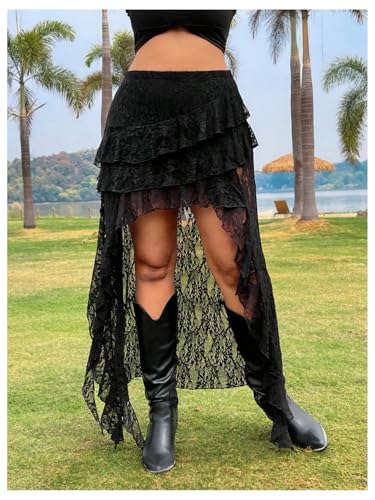 Floerns Women's Plus Size Lace Sheer Long Skirt Asymmetrical Layered Ruffle Concert Outfit4