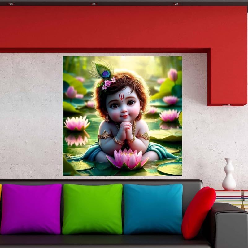 Image of British Terminal Cute little Bal Gopal Baby God Krishna| Kanha Ji | Laddu Lord Makhan Chor Painting Religious Poster for Pregnant Women for wall (matt thin vinyl,sticker,multicolor,unframed)| bj420
