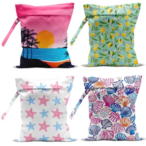 zcyxuuw Wet Bag, 4Pcs Wet Dry Bag Set, Reusable Waterproof Bags with Lemon, Beach Sunset, Starfish & Seashell Prints for Women, Versatile for Beach, Pool & Daily Use