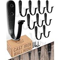 Cast Iron Coat Hooks (10 Pack) Handmade Blacksmith, Wall Mounted, Farmhouse Decorative, Wall Hooks, Vintage Hooks for Hanging Coats, Bags or Pots in Pantry (Black)