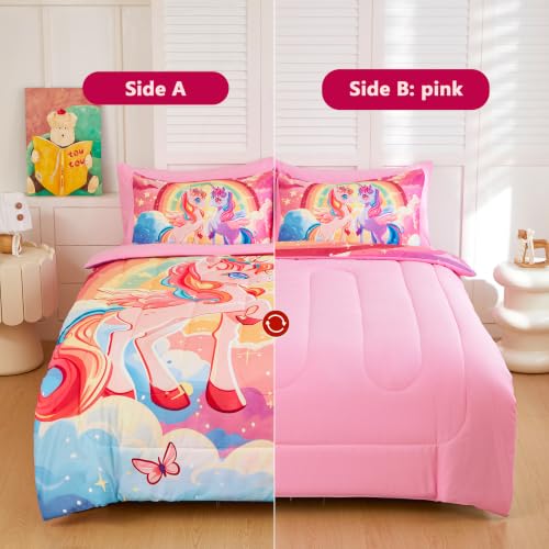 Image of Twin Comforter Set for Girls 5 Piece Purple Rainbow Unicorn Bedding Set for Girls Super Soft Microfiber Bed Set Bed in a Bag with Comforter Sheets Pillowcase & Sham (5 Piece Twin Size)