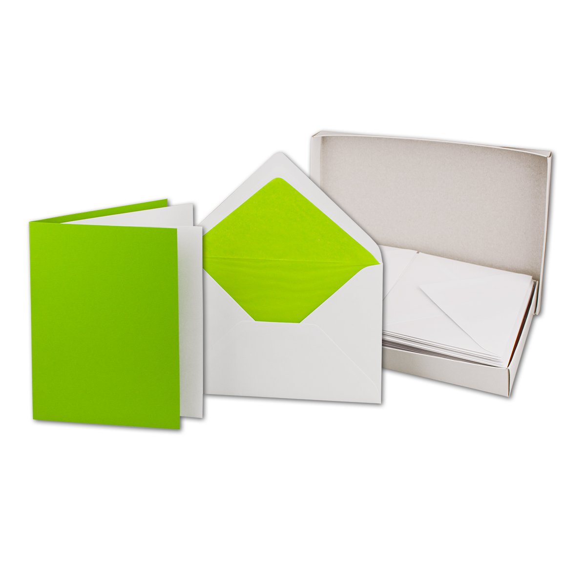 100 Faltkarten-Sets - Hellgrün - 12 x 17 cm - DIN B6 Klapp-Karten mit Briefumschläge Hellgrün gefüttert - inklusive Einleger