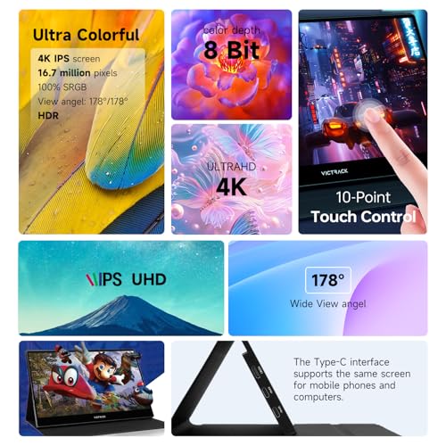 Image of Victrack 4K Touchscreen Pro Gaming Portable Monitor, 13.3 inch Ultra UHD (3840*2160), for handheld gaming pc, style as ASUS Rog Ally, Lenovo Legion go, 100% RGB IPS Display HDR Travel Monitor Smart Cover