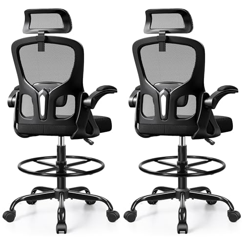 Image of Drafting Chair, Tall Office Chair for Standing Desk, Ergonomic High Back with Headrest, Lumbar Support, Foot Ring and Flip-up Armrests, Black, Pack of 2