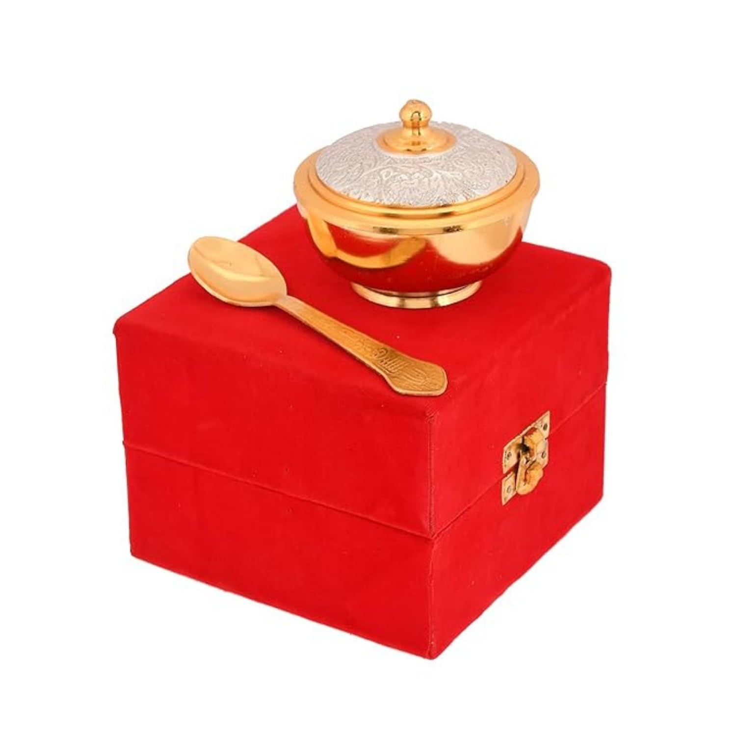 Piepot German Silver Bowl Set of 2 | German Silver Bowl and Spoon with Red Velvet Box | 2 Pieces Set for Weeding Gifts, House Warming & Pooja - 3 Inch, 120ml-image-28