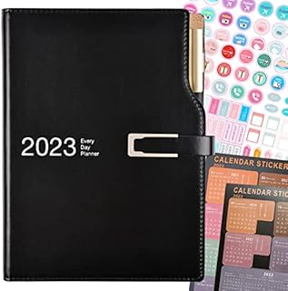 Academic Diary 2023 A5 Day to Page,Schedule Organizer with Calendar Stickers, Agenda Diary Planner with Pen Holder and Pen,Premium Thicker Paper 14 X 21.5 cm (Black)