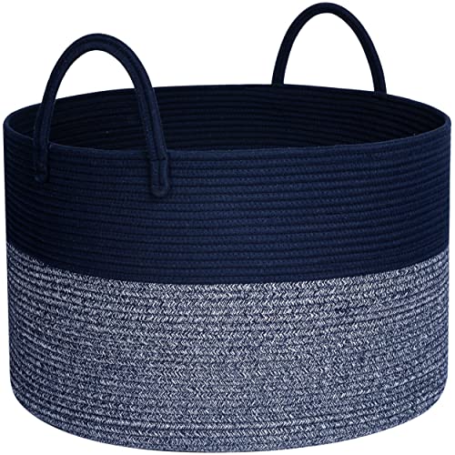 MINTWOOD Design Extra Large 22 x 14in Decorative Woven Cotton Rope Blanket Storage Basket Bin Living Room with Long Handles, Laundry Hamper for Pillows, Pool Towels, Dog Toys, Shoes, Navy Blue