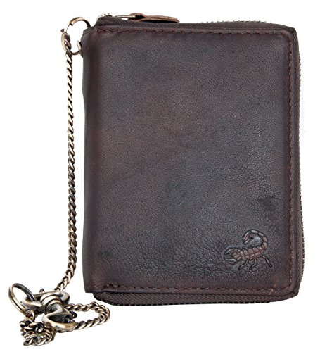 FLW Strong Genuine Leather Wallet with Metal Zipper Around with Chain with Scorpion