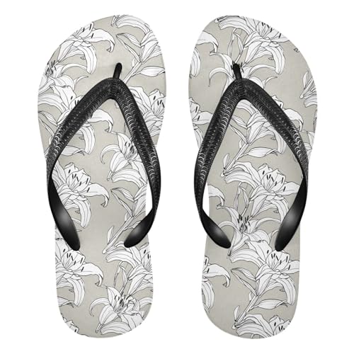 Flower Sketch Gray Flip Flops for Beach Thong Sandals Anti-slip Lightweight Beach Shoes for Summer Outdoor Travel
