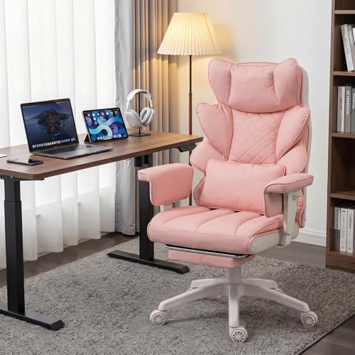 Image of Dowinx Big and Tall Office Chair with Pocket Spring Cushion,High Back Computer Gaming Chairs with Adjustable Armrests,Executive Desk Chairs with Lumbar Support and Footrest,PU-Pink
