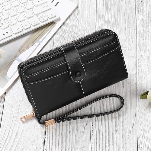 Image of Wristlet Women's Wallet Phone Purse RFID Blocking Large Capacity Card Holder Leather Black