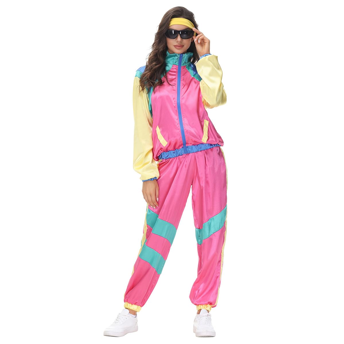 OBEEII Chándal de los años 80 para hombres y mujeres, chaqueta y pantalones, traje con diadema, traje de los años 80 para Halloween, fiesta vintage, carnaval
