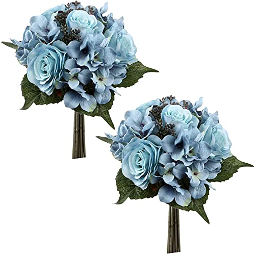 YYHMKB 2 Packs Artificielle Mixte Rose Et Hortensia Bouquet Soie Hortensia Faux Bouquets De Fleurs 9 Têtes Faux Rose Hortensia Arrangement Bleu