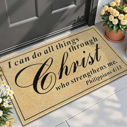 Mat for Front Door Christian Doormats for Entrance Low-Profile Indoor Outside Mats Non-Slip Back I Can Do All Things Through Christ Sign Rug for Farmhouse Home Floor Decor Religious Gift 16.9x29.9