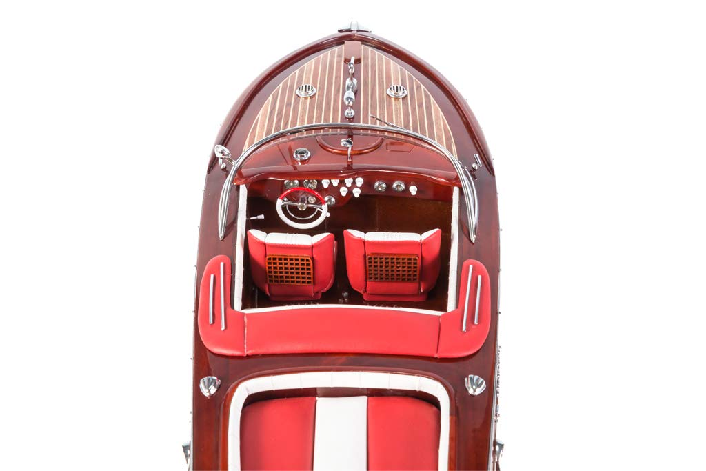 Riva Aquarama-Modellboot-Dekoration, 68,6 cm (rot/weiße Ledersitze), komplett montiertes Holzmodellschiff – Spielzeugboot-Dekor aus Holz – Riva-Boot-Modell-Display – Holzdekor