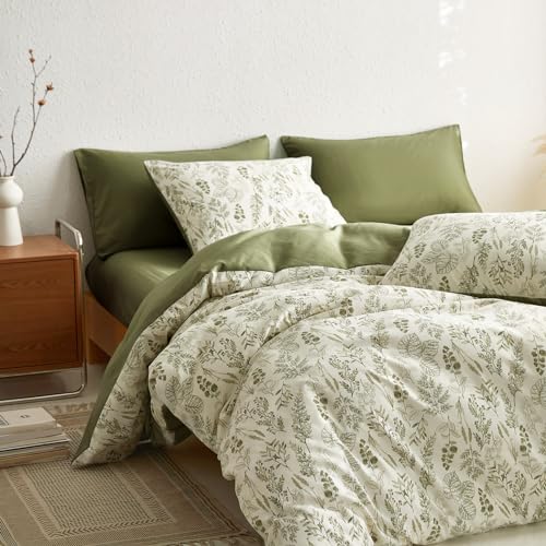 Image of Wake In Cloud - Queen Size Comforter Set, 3-Piece, Floral Shabby Chic Coquette Botanical Flower Ivory Beige Forest Olive Green, Soft Lightweight Bedding for Women Girls