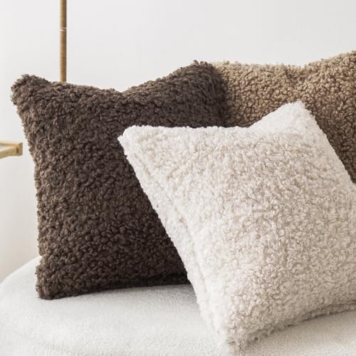 Image of Foindtower 2 Pieces Teddy Faux Fur Throw Pillow Cover Decorative Sherpa Pillow Fuzzy Accent Pillowcases Soft Sheepskin Fleece Cushion Case for Bed Couch Living Room 18x18 Inch Chocolate