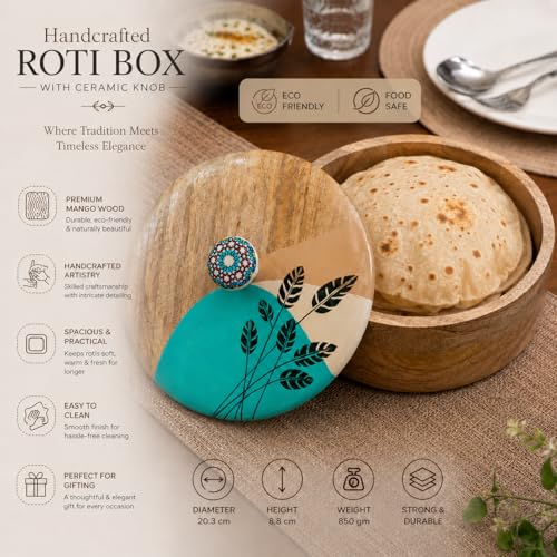 Image of Artysta 'Green Leaf' Wooden Chapati Box | Wooden Casserole For Roti | Chapati Box For Kitchen | Roti Box with Lid | Housewarming Gifts | Handpainted Roti Box | Mango Wood 8inch, 1080ml