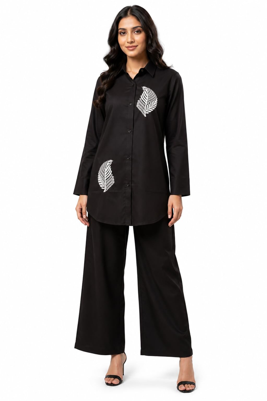 Aashi Creation Women's Black Cotton Co-Ord Set | Embroidered Shirt with Straight Pants | Full Sleeve Regular Fit Two Piece Outfit | Casual, Office & Ethnic Wear, Medium-picture-37