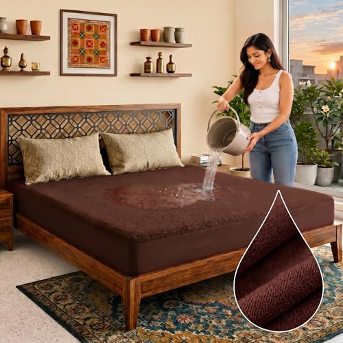Image of Lithara Terry Cotton Fitted Mattress Protector for Single Bed | Waterproof & Elastic Band | Ultra Soft & Hypoallergenic Mattress Cover | Size : 42 x 84 Inches (3.5 x 7 Feet) | (Coffee)