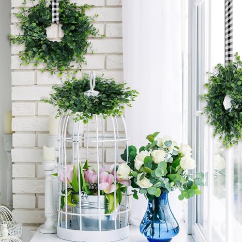 Image of Mini Green Boxwood Candle Rings Wreaths Spring Summer Kitchen Cabinet Swags Wreath 3 Inch Wedding Rings Wreaths Pillar Candle Holder for Wedding Home Door Tabletop Decor (4, Green Boxwood)