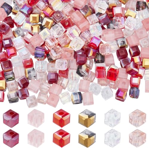 SUNNYCLUE 1 Caja de 300 Piezas de 6 Colores 4mm Cuentas de Cristal Cuadradas A Granel Cuentas de Cristal Rojo Transparente Chapadas En Color AB Cuentas Espaciadoras Sueltas Facetadas para Hacer Joyas
