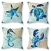 Set of 4 Square Throw Pillow Covers 18x18 Inch - Cotton Linen Throw Pillow Cover Blue Ocean Theme Starfish Sea Turtle…