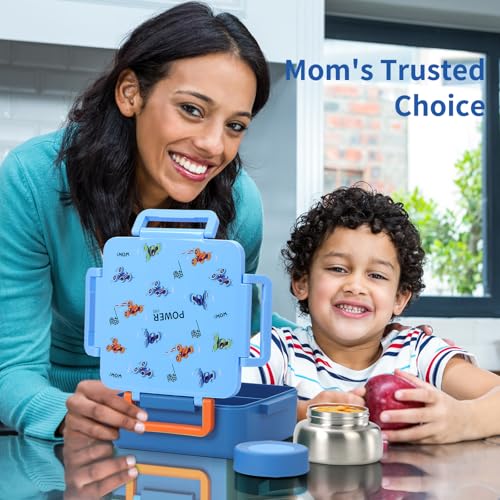 Image of Bento Box for Kids with Thermos, [Large Capacity] Insulated Kids Lunch Box with 4 Compartment for Ages 3+, Drop-Proof & Dishwasher Safe Lunchbox Container Blue