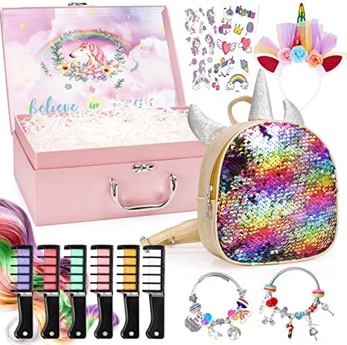 Unicorns Gifts for Girls in Giftable Box - Colorful Glitter Unicorn Bag, DIY Charm Bracelet Making Kit, Temporary Bright Hair Chalk, Glamorous Headband, Gifts for Teens Girls(Colorful Unicorn Bag)