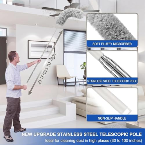 Image of Dishmatic 3 in 1 Long Handle Microfiber Feather Ceiling Duster with Extendable Pole 30-100 Inch with Anti Scratch Bendable Head for Cleaning High Cobweb Stick High Ceiling Fan