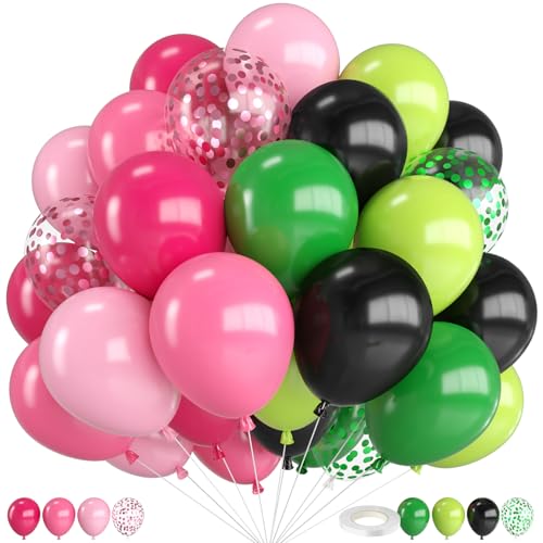 Pink Green and Black Balloons 12 Inch Hot Light Pink Dark Green Black with Confetti Balloon for Birthday Baby Shower Princess Witch Party Decorations