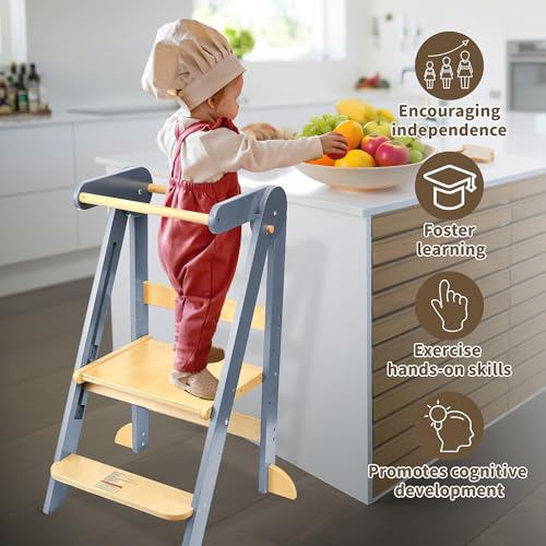 Image of Foldable Toddler Tower Preassembled Kitchen Stool, Folding Tower for Learning with 3 Adjustable Heights Montessori Toddler Standing Tower for Kids Collapsible Wooden Step Stool, Light Gray