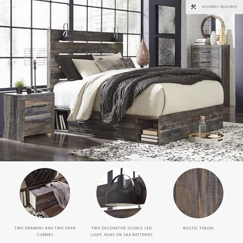 Image of Signature Design by Ashley Drystan King Storage Bed with Drawers, Sconce Lights and Dual USB Chargers, Engineered Wood, Ideal for Master Bedrooms, Dark Brown and Gray