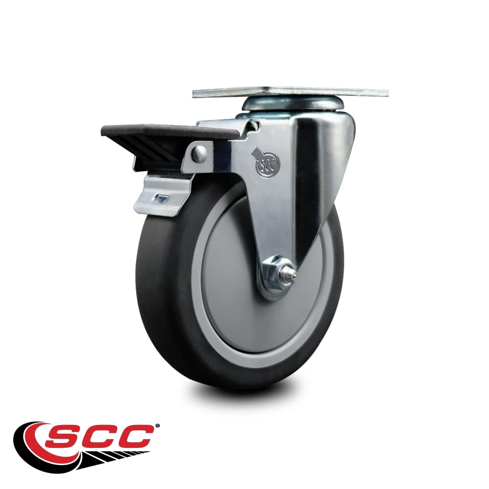 Thermoplastic Rubber Swivel Top Plate Swivel Caster with 5 Inch Gray Wheel and Posi Locking Brake - 300 lbs. Capacity Per Caster - Service Caster Brand
