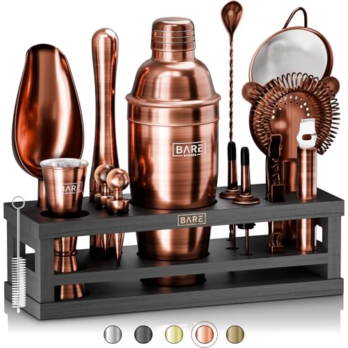 BARE BARREL® Mixology - Juego de bar para barman | Juego de coctelera de 16 piezas | Herramientas de mezcla de Martini para bar en casa | Incluye 35 tarjetas de recetas | Juego de regalo (coctelera de