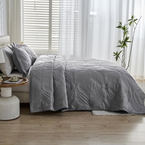 Image of Kingnex Oversized King Bedspreads 128x120 for Tall King or Cal King Bed Ultrasonic Quilted Coverlet Set 3 Piece Include 1 Extra Wide Quilt 2 Pillowcases Grey